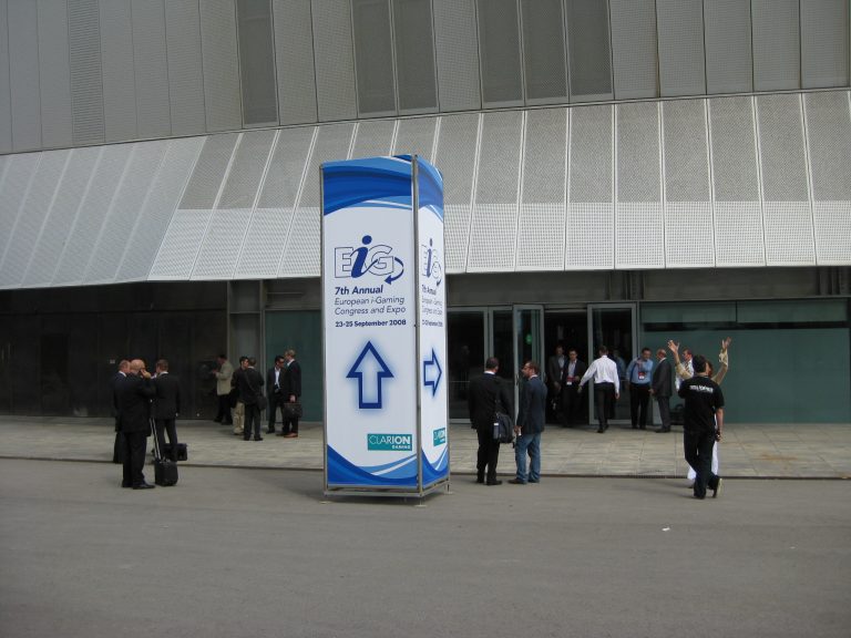 2 freestanding tower at CCIB made of iron poles with printed PVC banners
