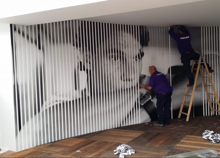 wall graphic with vinyl and slats in Barcelona